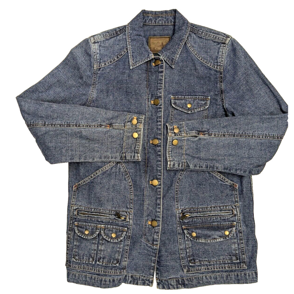 Lauren Jeans Denim Jacket Women Size M Petite Blue Button Up Western Cargo
